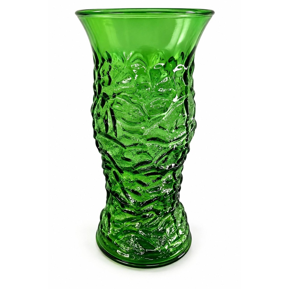 Vintage E.O. Brody Emerald Green Glass Vase Crinkle Bark Textured 9.5" MCM